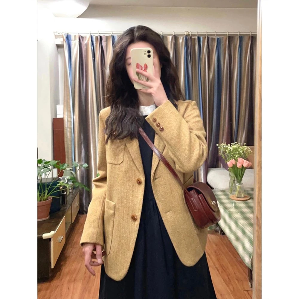 3624黄色毛呢西装外套女装冬季微胖mm复古高级感时尚穿搭呢子大衣