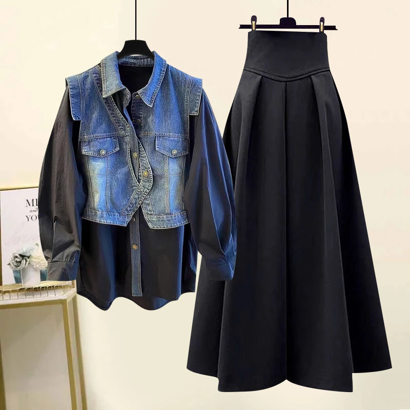 9359大码女装春季新款韩系拼接牛仔衬衫假两件上衣高腰显瘦半身裙