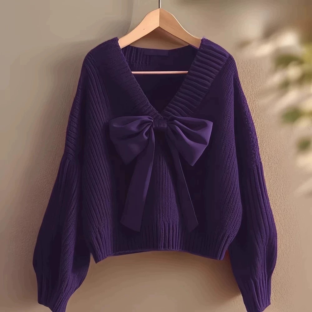3744蝴蝶结紫色短款毛衣女冬季胖mm宽松高级感独特好看针织衫上衣