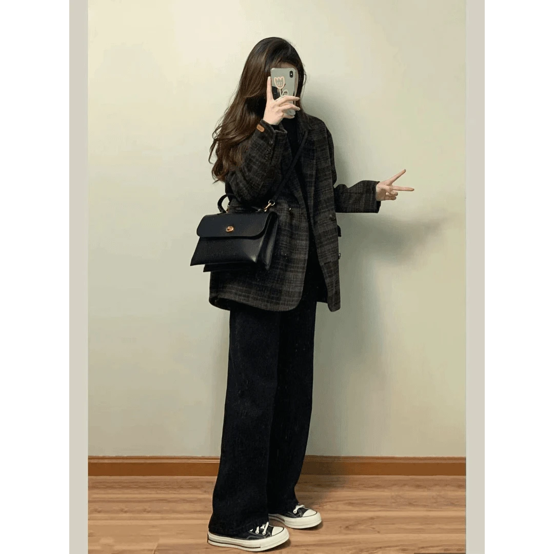 3197+3198秋冬新款女懒慵毛呢外套高级感时髦黑色休闲裤子两件套