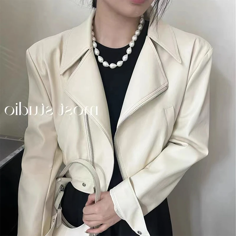 9111欧货短款翻领白色皮衣外套女新款爆款秋装小个子机车PU皮夹克