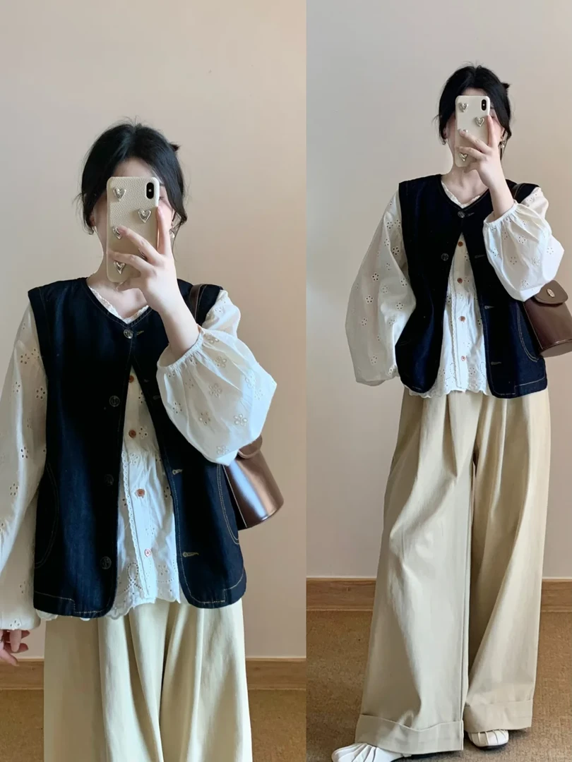 3396早春一整套女复古圆领宽松牛仔马甲背心搭配衬衫休闲裤三件套