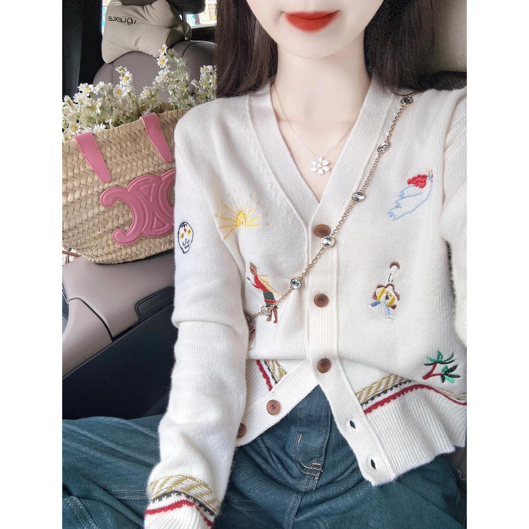 2024入秋一整套女刺绣针织开衫毛衣上衣女休闲百搭牛仔裤两件套装