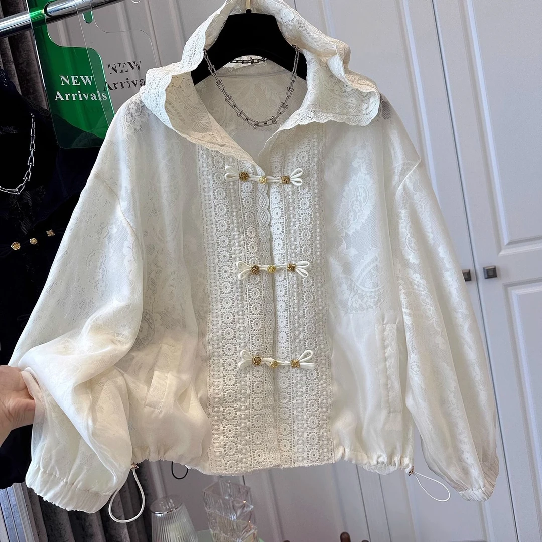 2024春夏季新款新中式高级感蕾丝拼接盘扣连帽防晒衣外套女上衣女