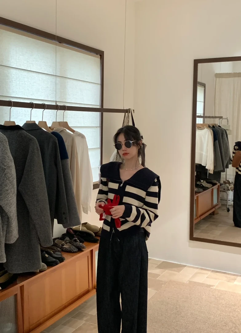 3652+3454搭配一整套女高级感海军领条纹针织开衫牛仔裤两件套