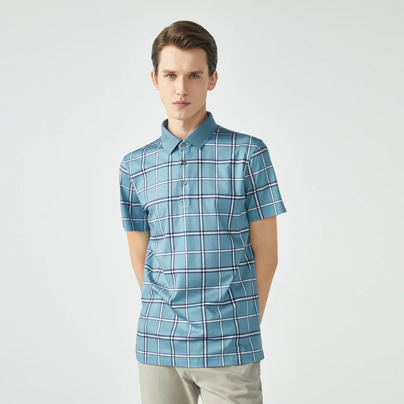 【劲霸】秋季 经典格子翻领男装短袖丝光棉撞色T恤BTBG2732时尚