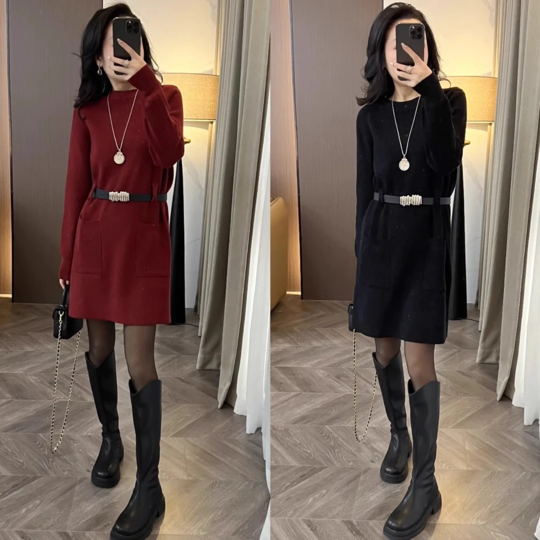 气质高级感女装法式红色毛衣裙女秋冬气质显瘦腰带打底针织连衣裙