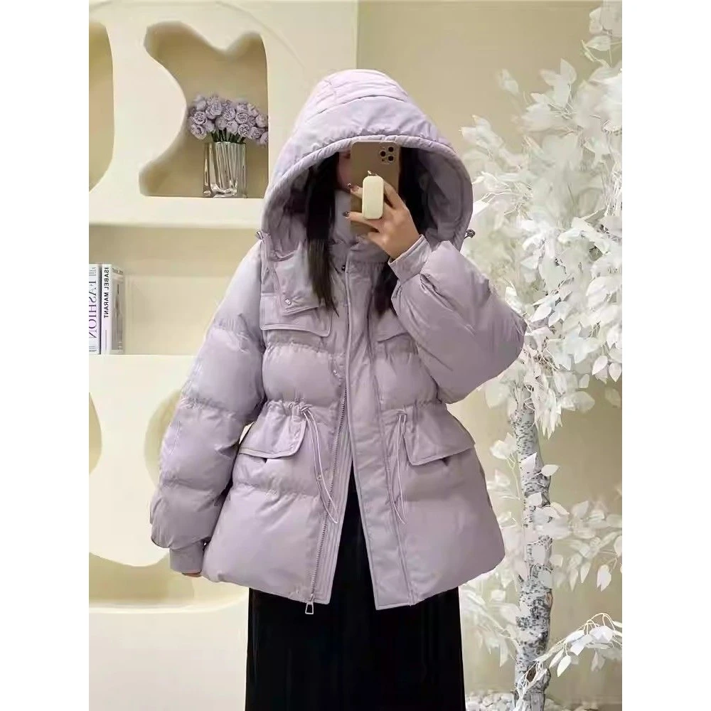 2023新款韩系芋泥紫收腰羽绒服女常规款冬装加厚连帽外套