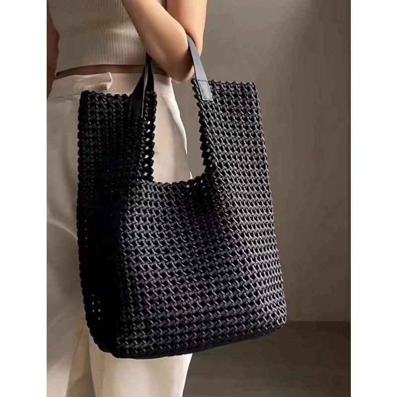 ins网红同款牛皮复古镂空编织女包2024新款大容量托特大包腋下包