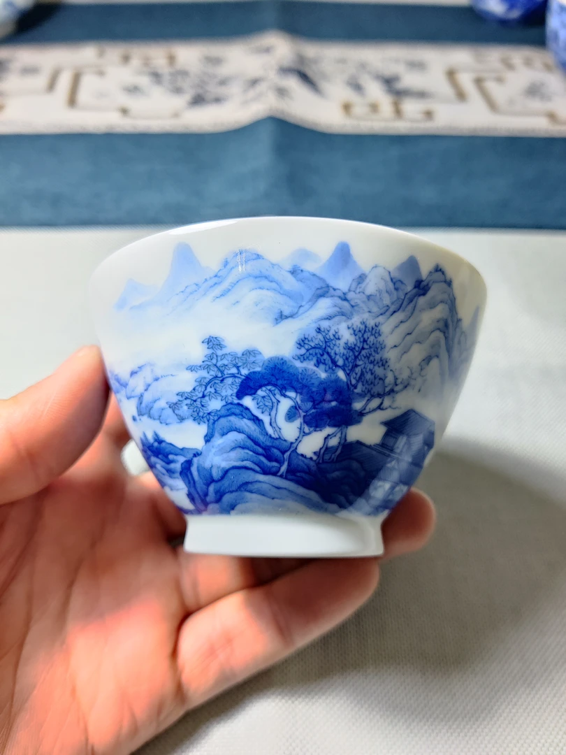 石溪山房青花山水主人杯手工茶杯