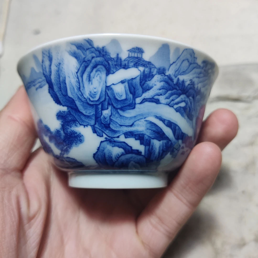 石溪山房青花山水撇口杯陶瓷全手工