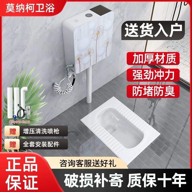 莫纳柯卫生间家用陶瓷釉面水箱套装防臭专业防滑舒适蹲坑款式强劲