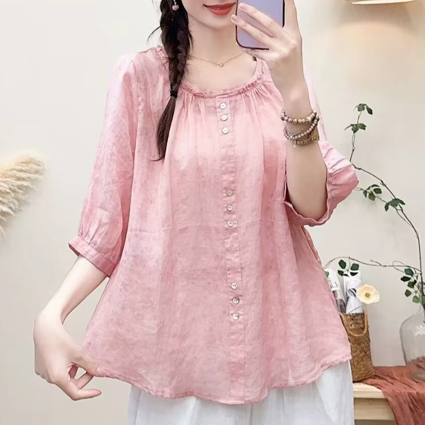 甜美蕾丝气质碎花衬衫中袖圆领2024夏季新款宽松轻薄衬衣小衫上衣