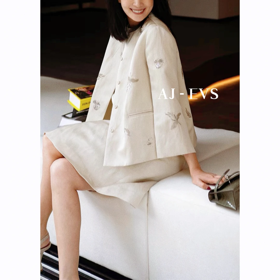 AJ - EVS【璀璨岁月·纯重工钉珠高奢进口亚麻洋装外套】