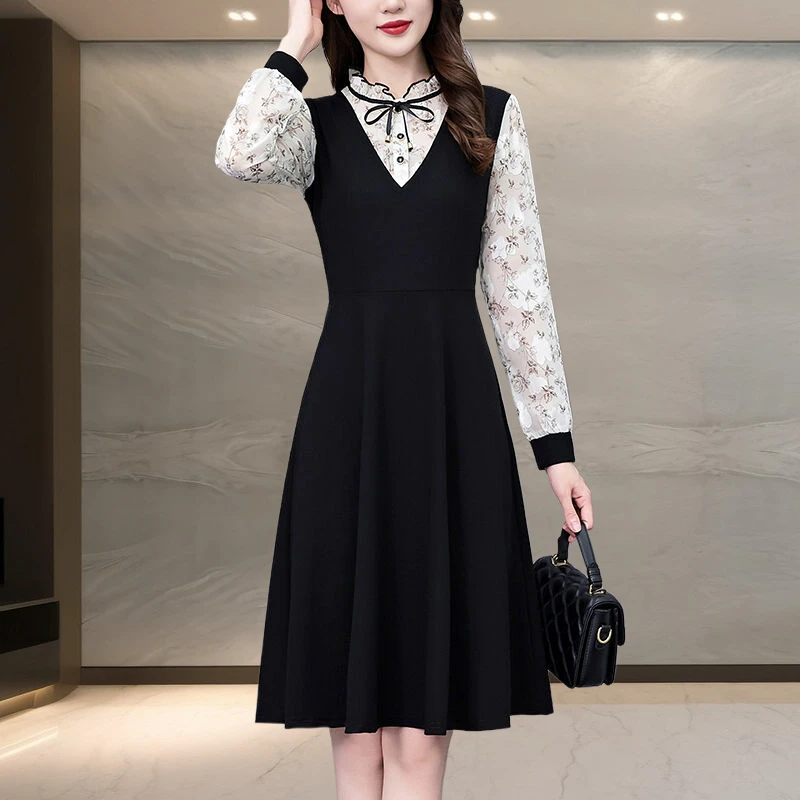 轻奢高级感长袖连衣裙春秋季新款气质大码女装假两件拼接碎花裙子