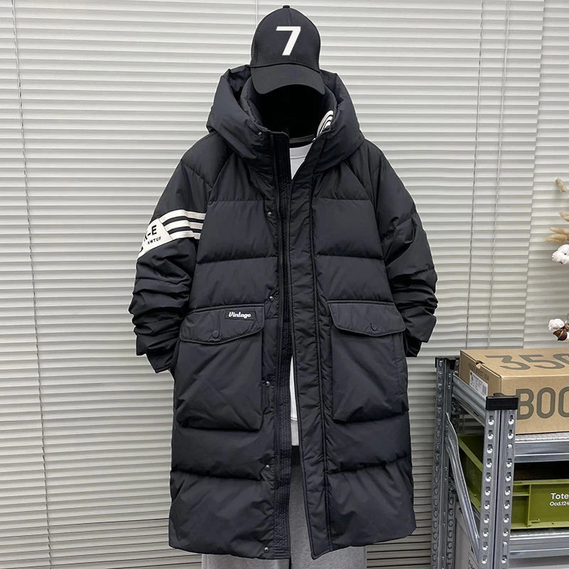 青少年羽绒服男中长款2023年冬季新款加厚条纹潮牌白鸭绒时尚外套