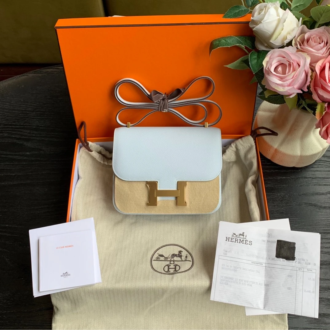 99新 Hermes/爱马仕 粉蓝色/金扣/Y刻/康康19/雾霾蓝/E皮/sp14302