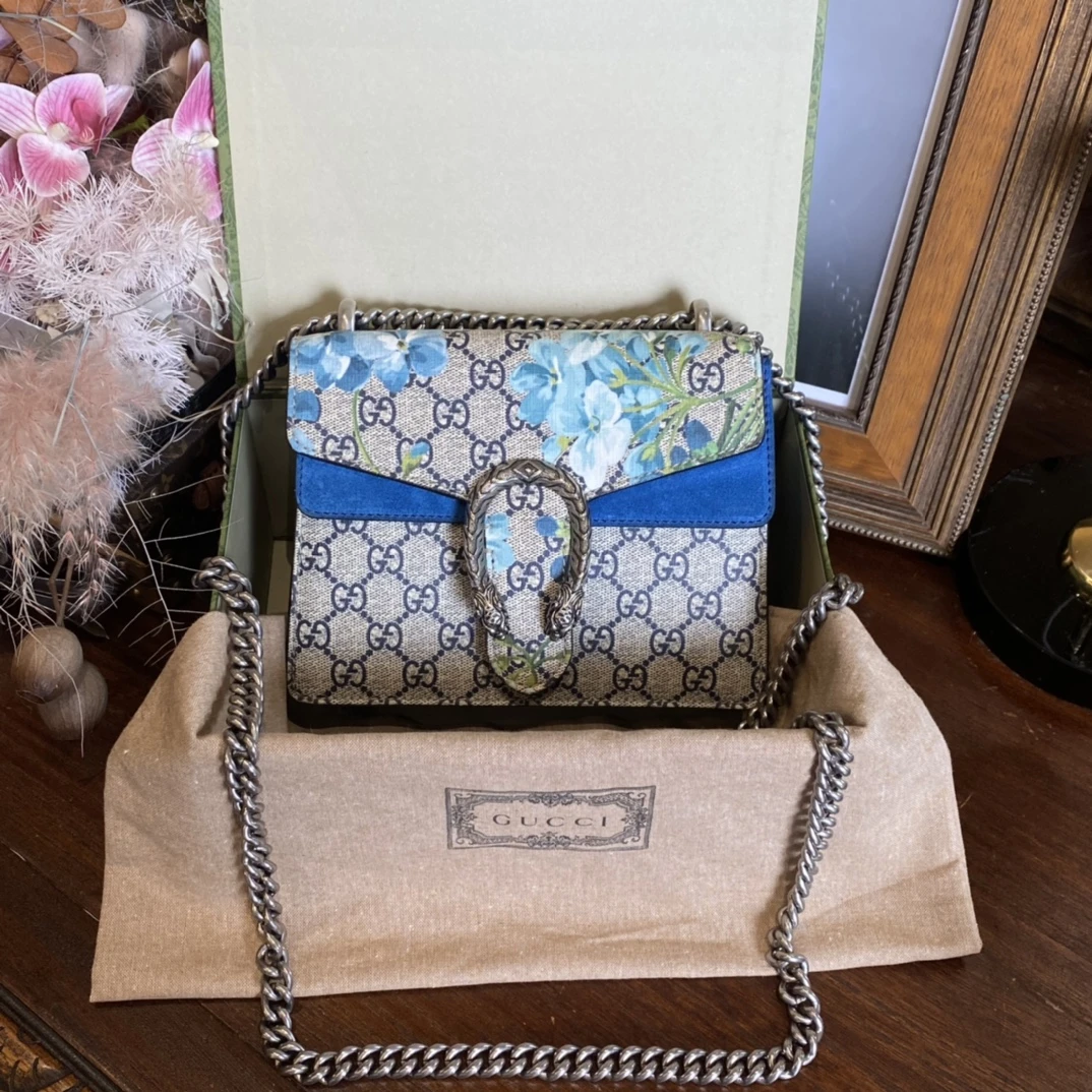 95新 GUCCI/古驰 /小号酒神包 花卉蓝色/sp20237