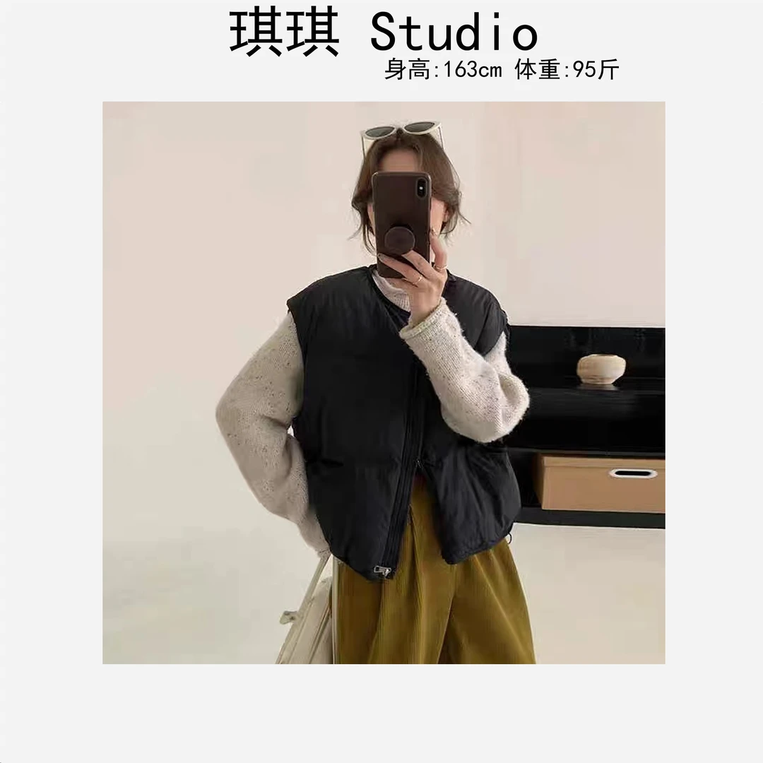 2024秋冬季新款纯色拉链横口袋气质时尚减龄宽松休闲百搭马甲-M