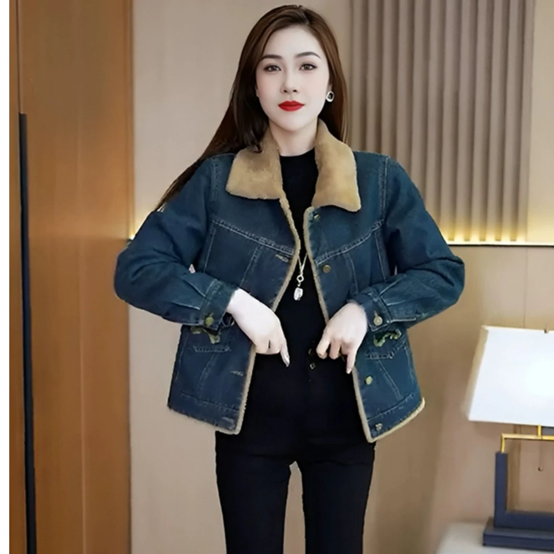 加绒加厚复古拼接牛仔外套女2025冬季新款翻领宽松百搭上衣
