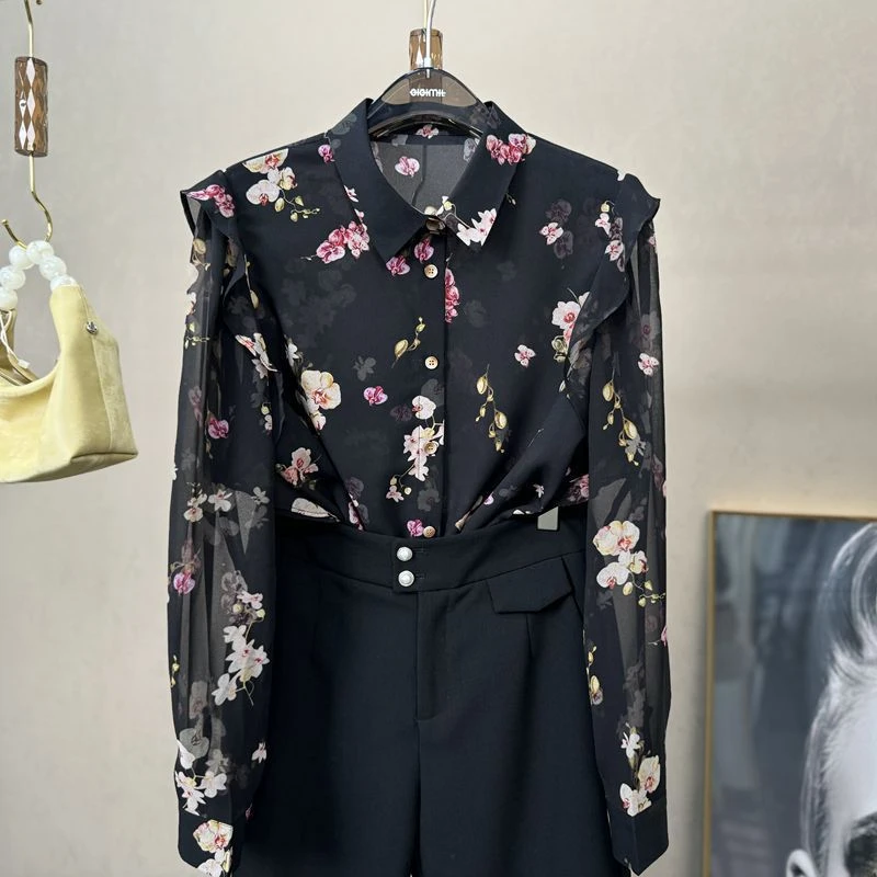 2024衬衫长袖韩范时尚新款碎花气质清新显瘦高级感翻领印花女衬衣