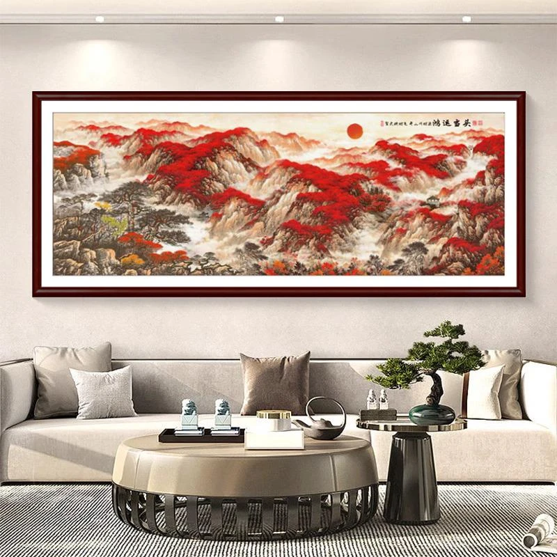 有山无水实木框客厅装饰画风景日出挂画沙发背景墙国画壁画办公室