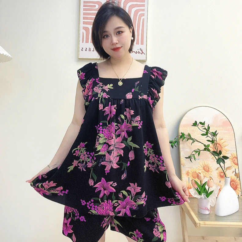 初初家【清凉花卉】新款时尚休闲高级冰感无袖家居服睡衣加肥加大