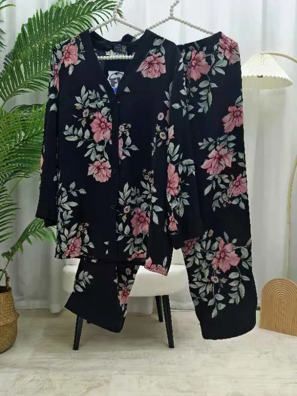 初初家【甜美花卉】秋季新款休闲时尚舒适印花长袖长裤家居服套装