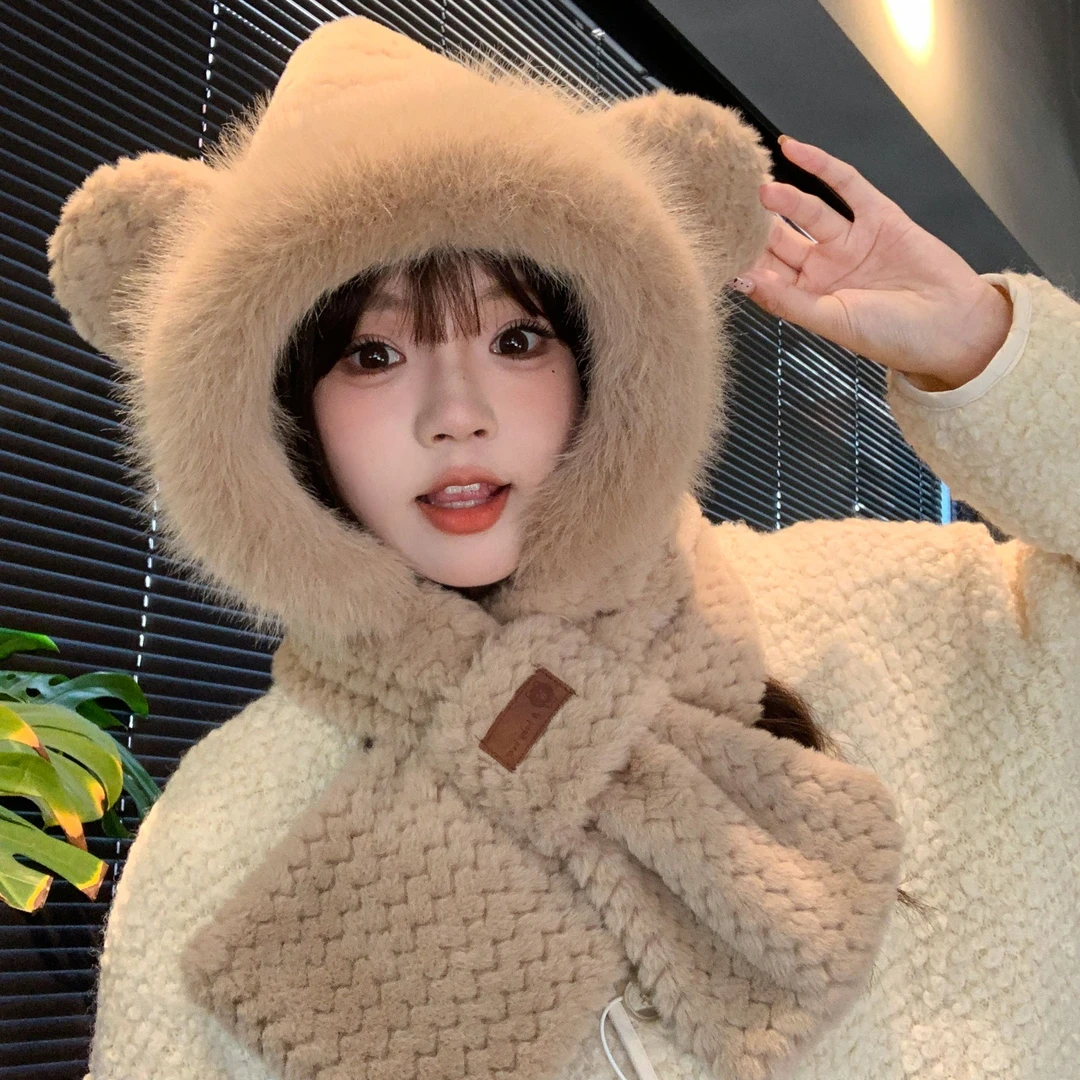 秋冬新款水波纹小熊帽子围巾一体女冬天保暖毛绒手套两件套加厚