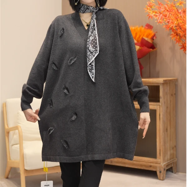 春夏新款丨花团似锦丨时尚设计感拼接V领针织冬季保暖毛衣-4155#