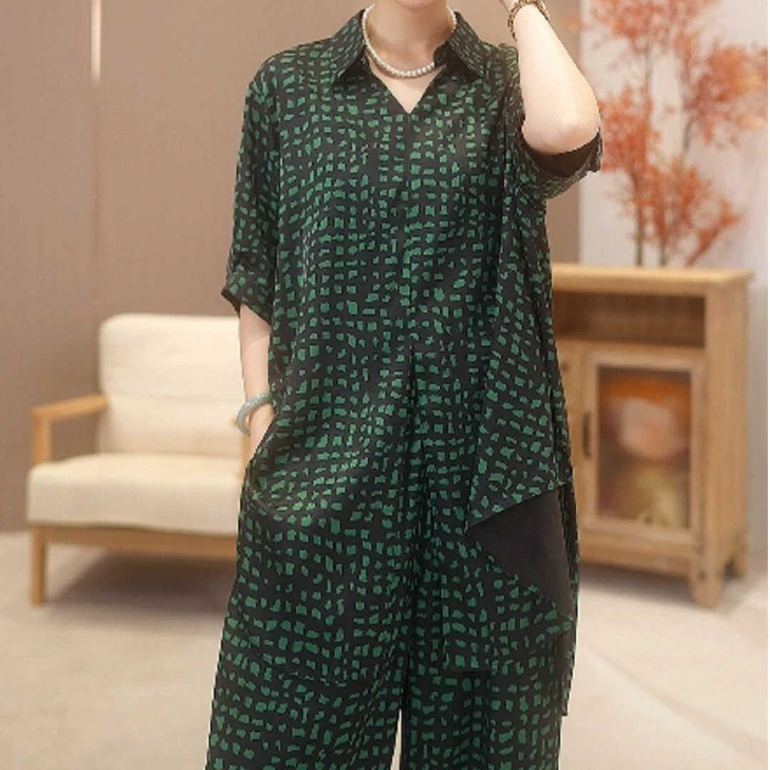 高端私服丨绿影婆娑丨夏季新款显瘦气质宽松短袖大码套装-7355#