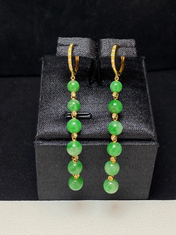 辣阳绿小米珠耳坠 18k金镶嵌天然翡翠精美时尚气质日常通勤百搭