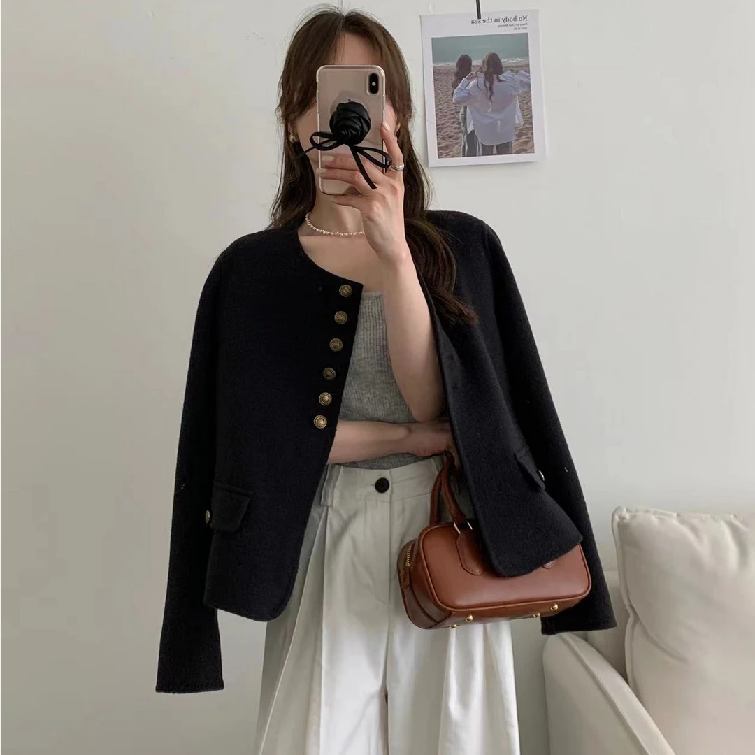 西西里安100%纯羊毛小金扣秋冬短款
