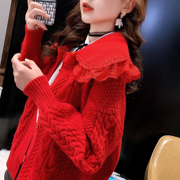 娃娃领蕾丝毛衣外套女宽松韩版慵懒风2023年新款针织开衫女春秋
