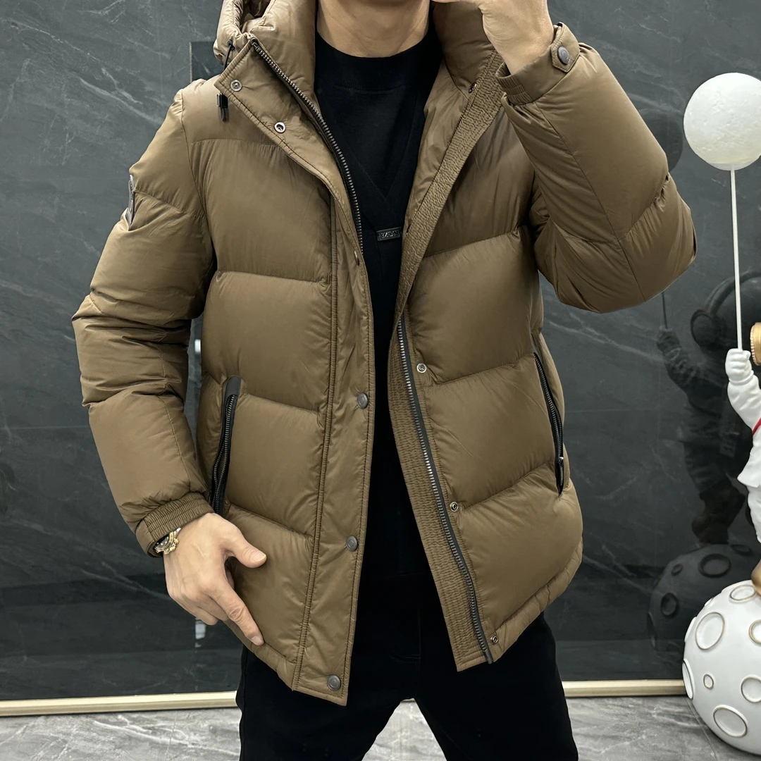 男士冬季连帽休闲简约加厚款200克起充白鸭绒羽绒服保暖外套短款