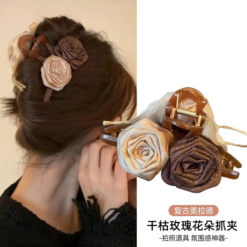 E3172 早春气质干枯玫瑰花ab面网红抓夹13cm发量多必入发抓焦糖色