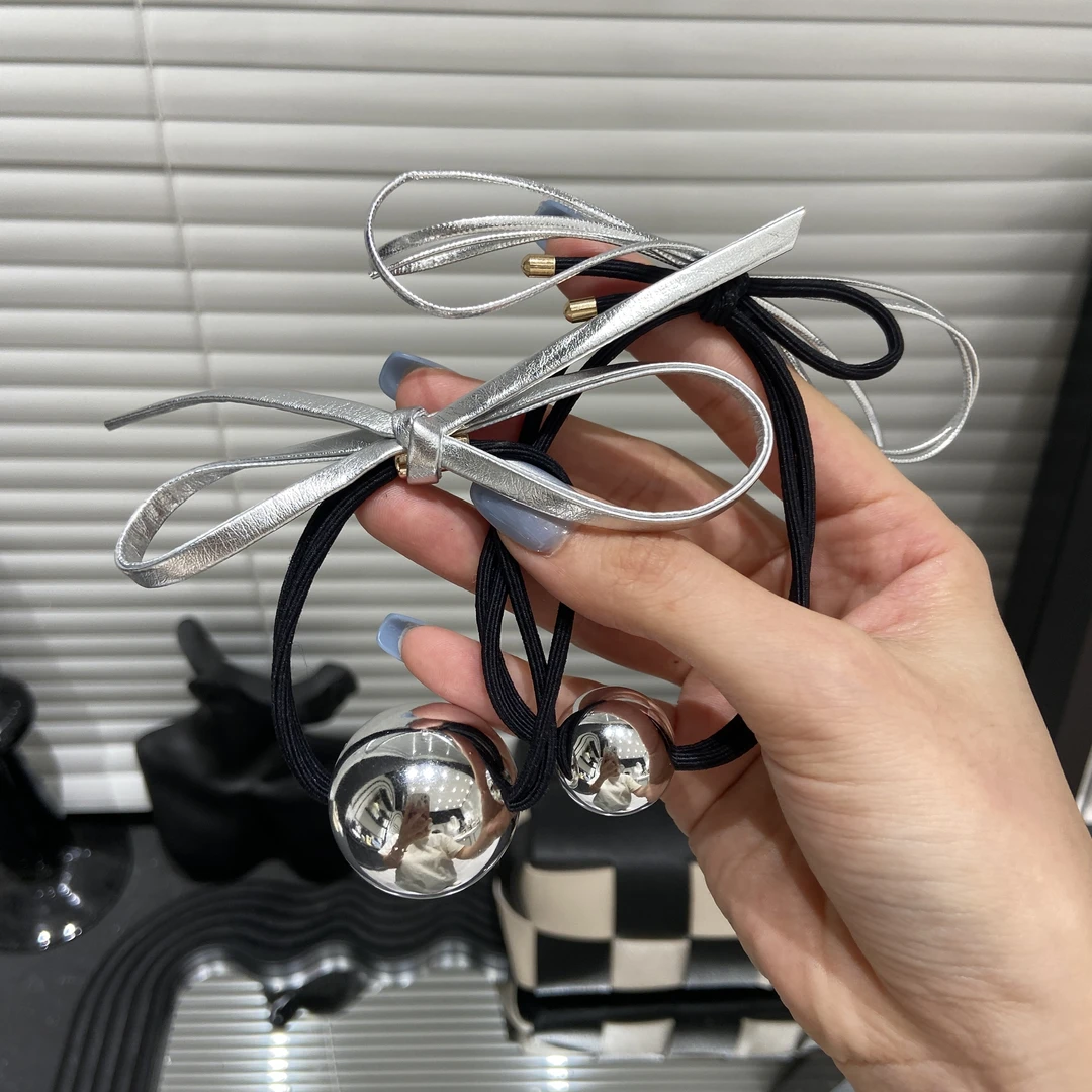 E3442 银色气质蝴蝶结小球皮筋女高弹力发绳发圈公主小众头绳