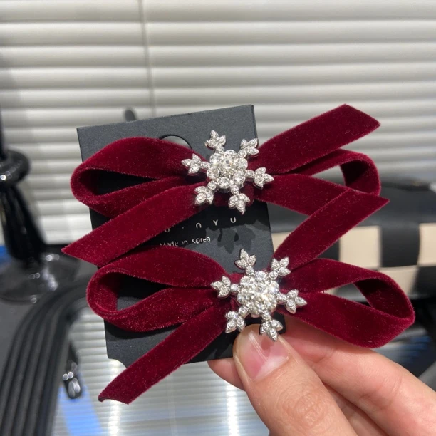 两只装E2674 秋冬新款新年圣诞雪花蝴蝶结碎发夹辣妹刘海小边夹