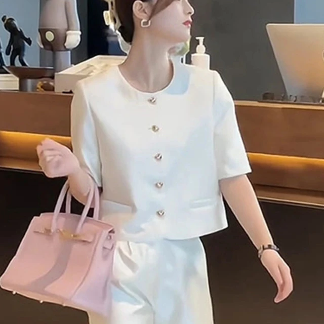 2024新款夏季新款珠光混纺小香风时尚通勤短袖套装显瘦洋气小个子