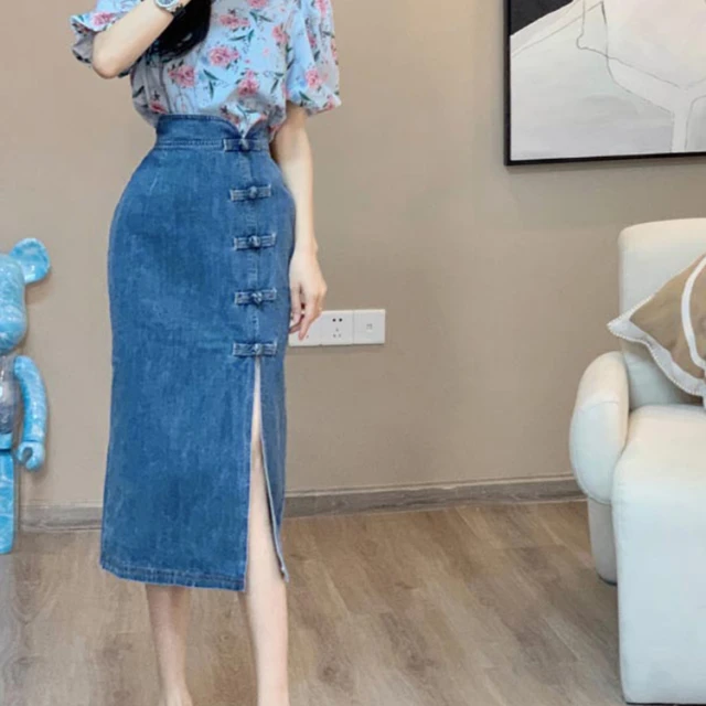 炸街新中式衬衫+牛仔半身裙轻熟两件套夏季时尚新款显瘦国风套装