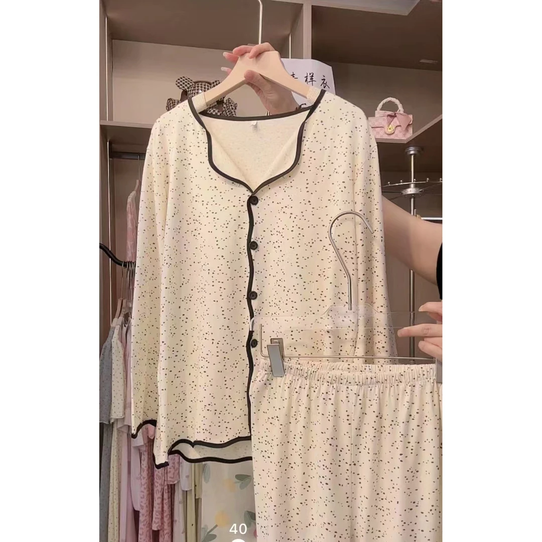 【纯棉点点】ins新款简约女士睡衣高雅墨竹棉质长袖长裤套装春