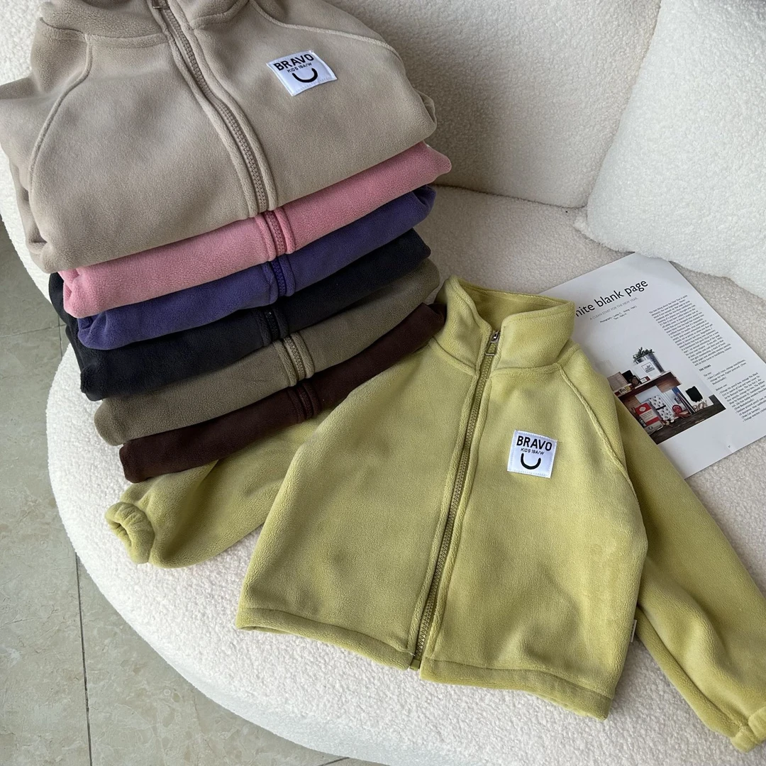 儿童双面奥利绒外套春秋保暖休闲纯色上衣男童韩版立领外套