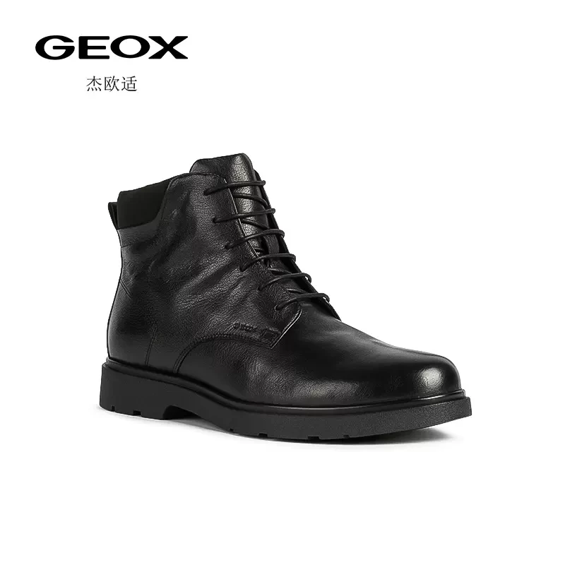 GEOX杰欧适男鞋SPHERICA系列舒适透气缓震高帮牛皮黑色马丁靴男