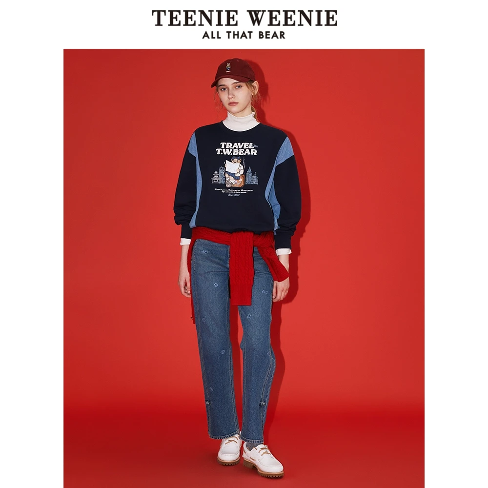 【TW×南京云锦研究所】小熊25新款时尚印花高腰牛仔裤TTTJ251101L