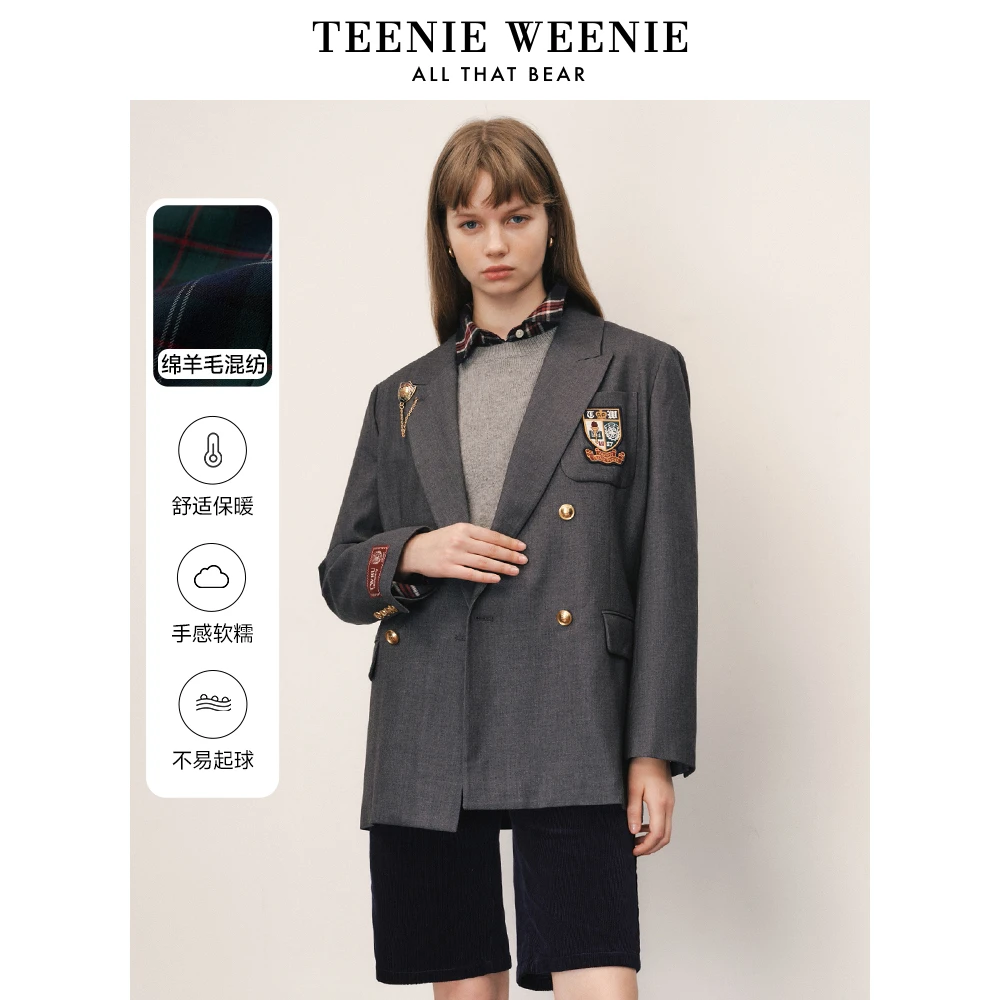 TeenieWeenie小熊2023绵羊毛混纺新款中长款西装外套TTJK23K906I