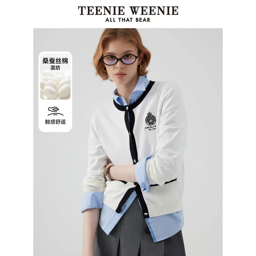 *【桑蚕丝混纺】TeenieWeenie小熊24撞色圆领针织开衫女TTCK243804W