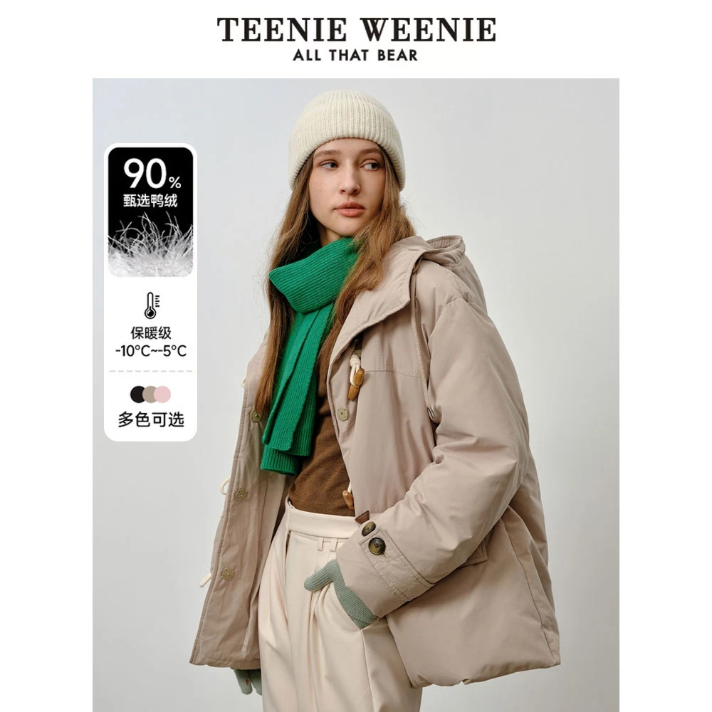 TeenieWeenie小熊24学院风牛角扣连帽中长款好羽绒服TTJD248C19I