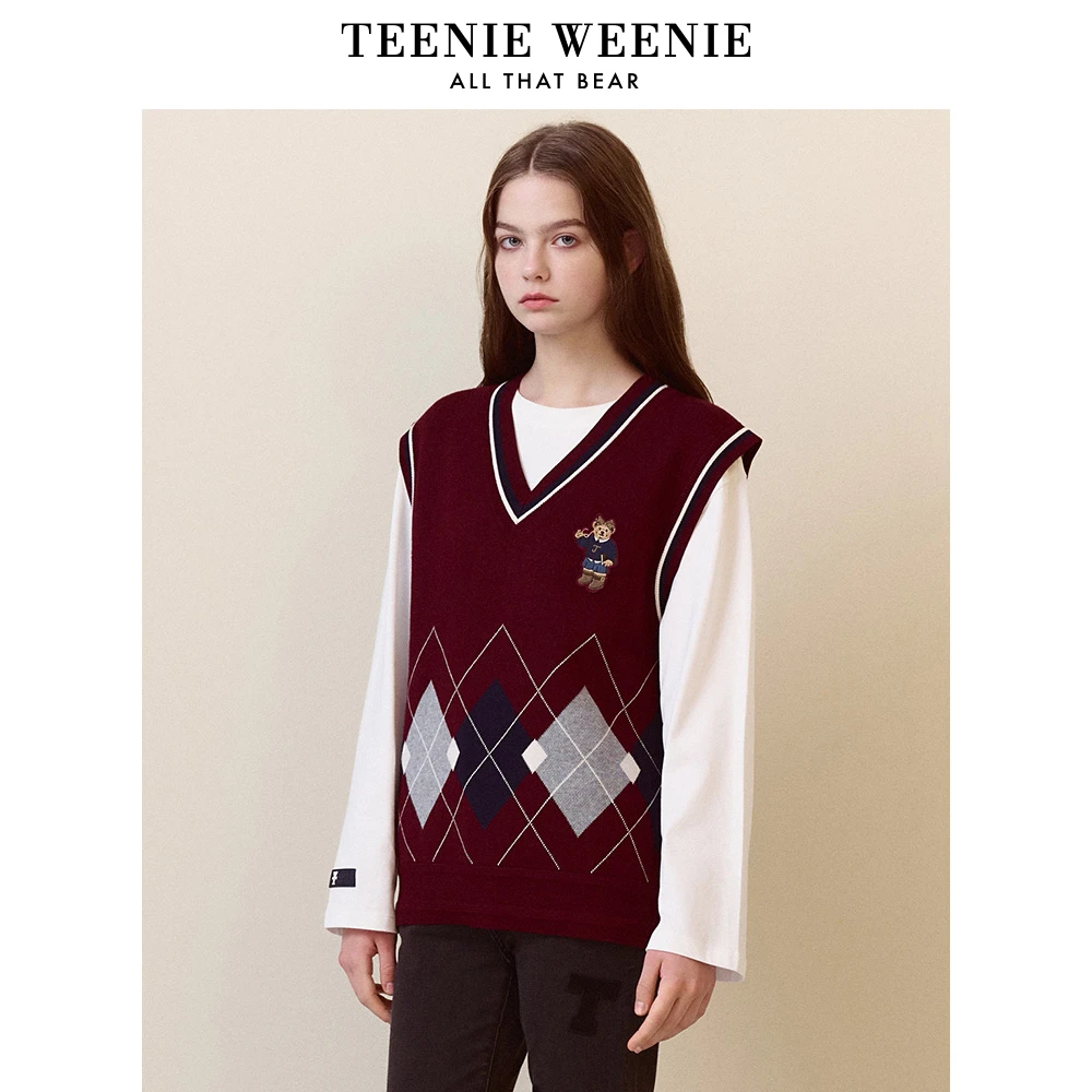 TeenieWeenie小熊2023年学院风菱形格毛衣背心针织TTKN234901P
