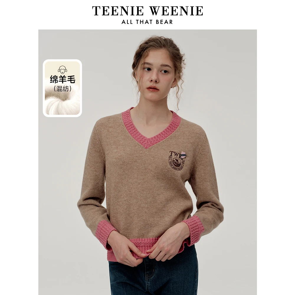 *TeenieWeenie小熊2024年冬季新款V领撞色混纺针织衫TTKW248C61N