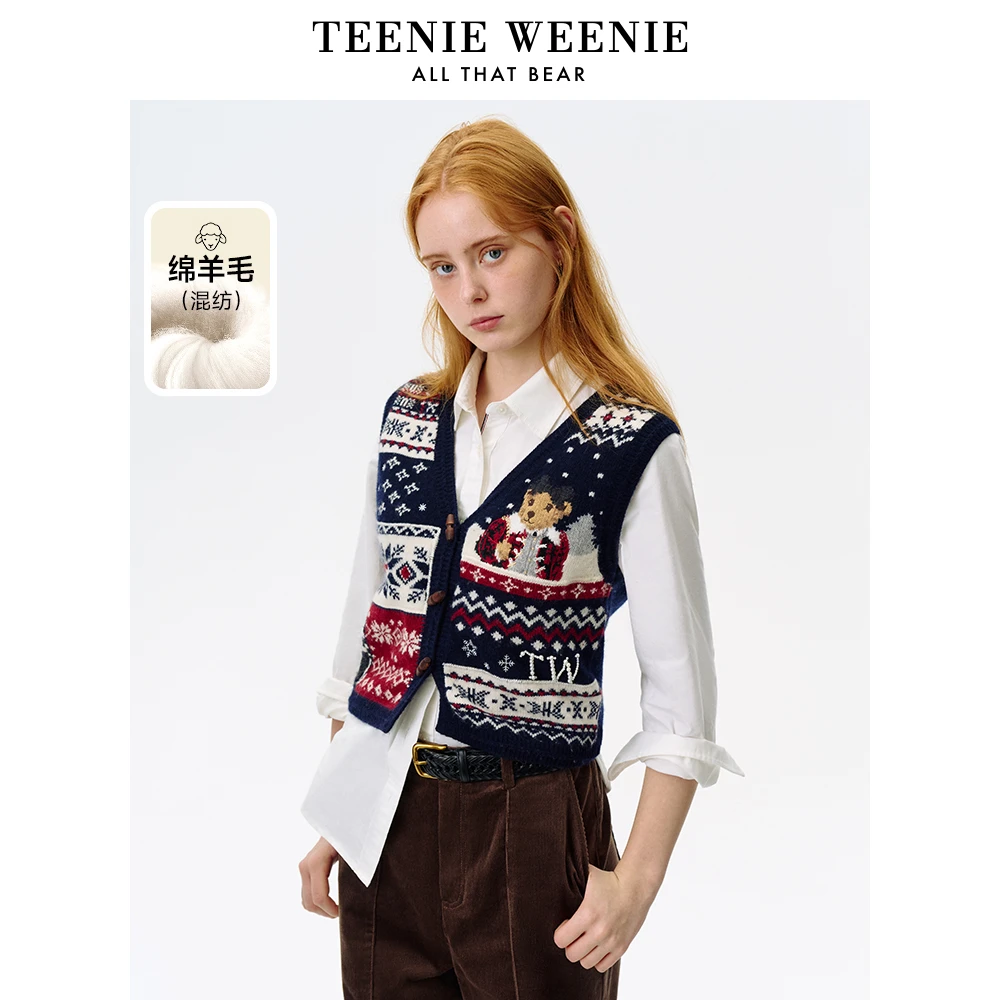 TeenieWeenie小熊24冬新款法式复古提花针织马甲背心TTKN244C01P